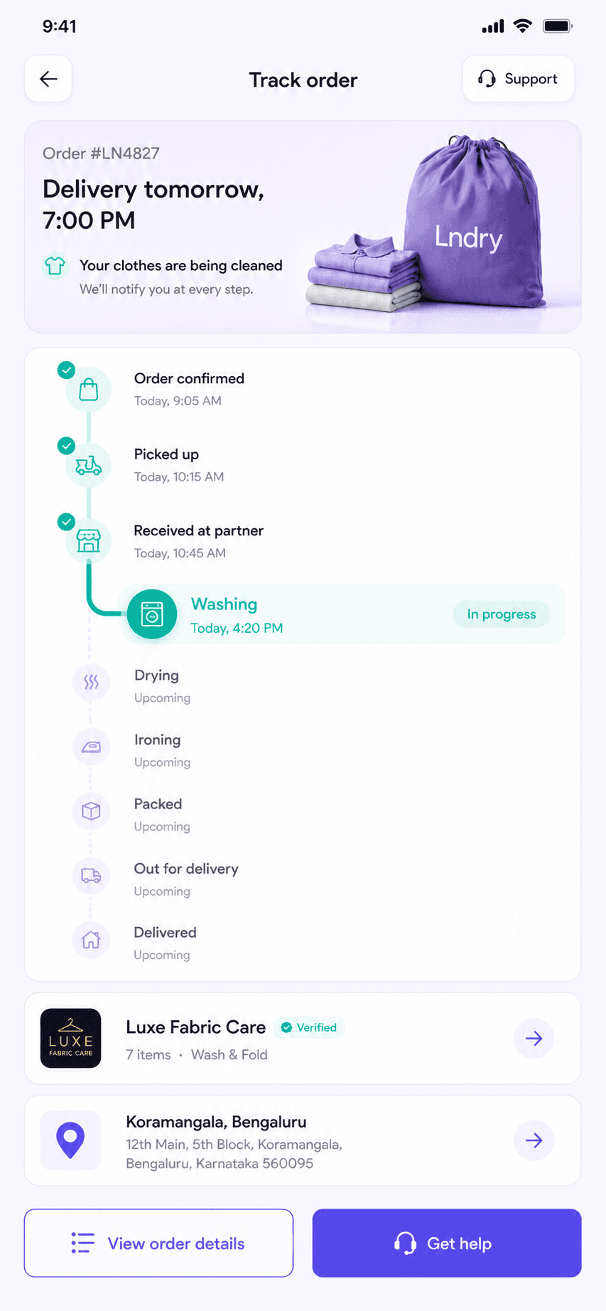 LNDRY customer app showing order tracking