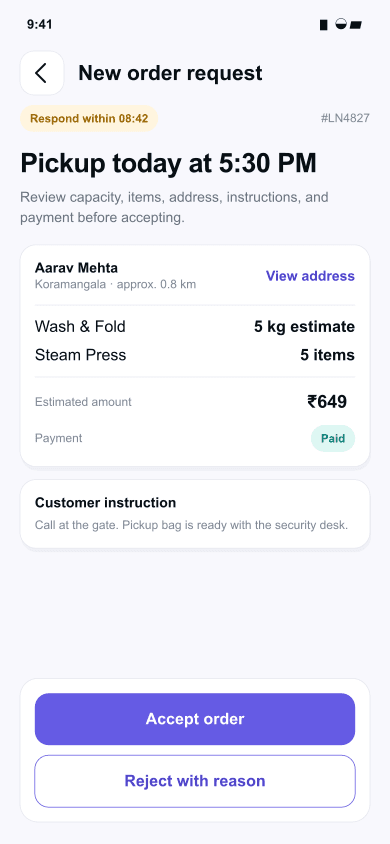 Vendor new order request screen